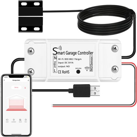 Abre-puertas de garaje inteligente WiFi , interruptor de puerta de garaje inteligente WiFi compatible con Google Home, control remoto, función de temporizador y uso compartido mediante aplicación grat