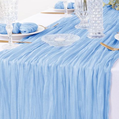Nappe bleue bohème en mousseline à tissage lâche 90 x 300 cm, idéale pour mariage, naissance, enterrement de vie de jeune fille. (1/5)