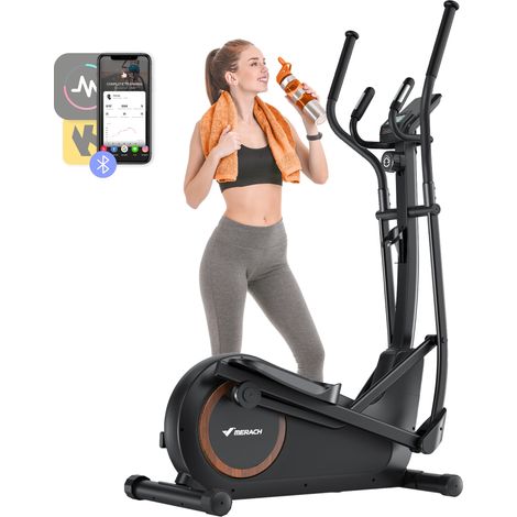 Magnetic Elliptical Bike MERACH, 16 levels, 42 cm stride, max 150 kg, LCD screen, heart rate sensor, tablet & bottle support