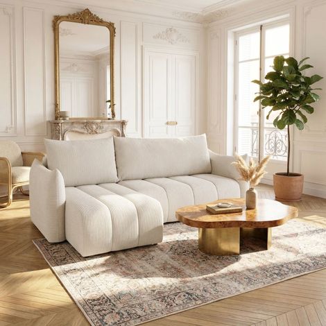 Ecksofa Schlafsofa ONTARIO XS in Stoff Poso Altweiß Ottomane Links
