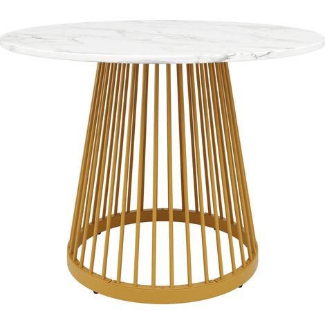 Table de salle à manger ronde 80x80x76 cm avec plateau MDF marbré et pieds métalliques dorés (1/5)