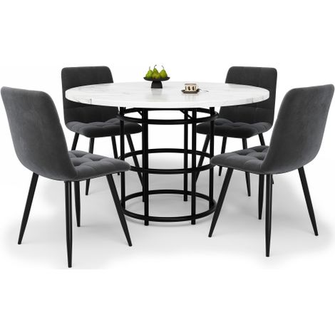 Ensemble 5p : table ronde 100cm MDF blanc, 4 chaises velours gris (1/5)
