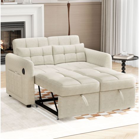 Sofá cama 3 en 1 142x85x83 cm beige en algodón y lino con respaldo ajustable, USB y bolsillos laterales (1/5)