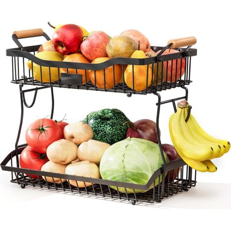 Panier à Fruits 2 Niveaux Noir avec Poignée Bois, Support Amovible pour Cuisine et Rangement Légumes