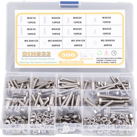 Viti in acciaio inox M4 M5 DIN933, bulloni esagonali, dadi DIN934, rondelle DIN125 per la riparazione di utensili meccanici per mobili, 300 pezzi (1/5)