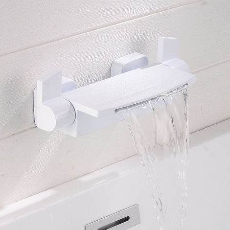 Mitigeur Baignoire Cascade Mural Robinet Baignoire Fixé Au Mur Pour Salle De Bains Robinet De Bain Avec Douche à Main Mitigeur De Bain(Porcelaine blanc A)