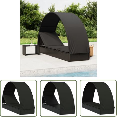 The Living Store Chaise longue avec toit rond noir 211x57x140 cm résine tressée - Chaises Longues - Mobilier De Jardin - Transats - Chaises Longues Avec Toit - Lit De Repos (1/5)