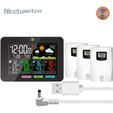 Drahtlose Wetterstation mit 3 Sensoren, digitalem Innen-/Außenthermometer und Hygrometer, Farb-LCD-Display, Kalender, Uhr, Wecker, Schlummerfunktion sowie Temperatur- und Luftfeuchtigkeitsvorhersage