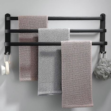 Porte-serviettes mural étanche noir à 3 niveaux avec crochets - 30 cm