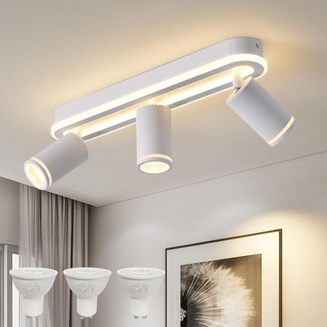 Spot de Plafond à LED 3 Flammes 27W+3x5W GU10 spots,3000K,Blanc Plafonnier avec Incandescence Inférieure Orientable 350° spots,Blanc Chaud Applique Plafond,Lampe de Plafond Pour Cuisine (1/5)