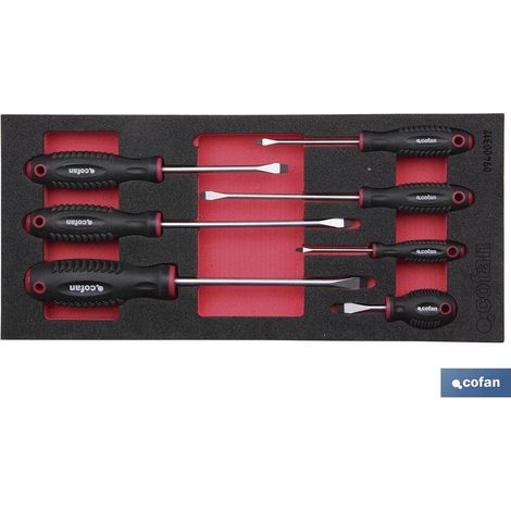 Módulo destornilladores planos 7 piezas, medidas 393 x 180 mm, adaptable a cajón Cofan