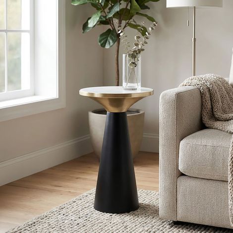 Table d'appoint ronde 28x54 cm en marbre blanc + métal doré et noir (1/5)