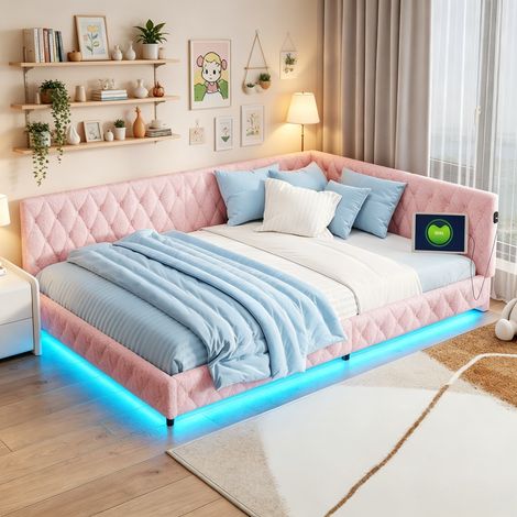 JOOKGBD-Lit Rembourré 140x200 cm,Lit Double 140x200 cm,Lit Adolescent, avec LED et Port USB,Tête de Lit Matelassée, Sommier à Lattes,Velours Teddy,pour Adultes et Adolescents,Rose (1/5)