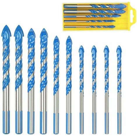Forets Pour Carrelage Verre, 10 Pcs Foret Multimatériaux Triangle Porcelaine Forage Métalliques Pour Carrelage Verre Marbre Miroir Bois, 6mm/ 8mm/ 10mm/ 12mm (1/4)