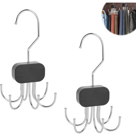 2 Porte-Ceintures avec 6 Crochets, Range Ceinture Rotatif 360° Cintre Gain de Place en Métal et Bois pour Ceintures, Cravates, Soutiens-Gorge, Écharpes (Noir) (1/5)