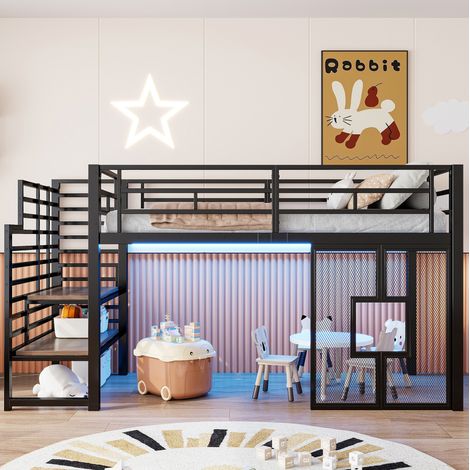 Lit mezzanine moderne 90x200 cm en métal et MDF noir avec escalier de rangement, fenêtres, LED et sommier à lattes (1/5)