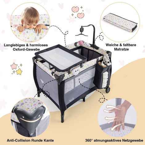 Lettino da viaggio pieghevole 3 in 1 con materasso appeso, carillon colorato