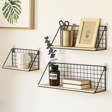 Etagere Murale Flottante - Metal Noir et Bois - Pour Bureau ou Salon - 45 x 12 x 15 cm et 29,5 x 11 x 14 cm - Lot de 2 (1/5)