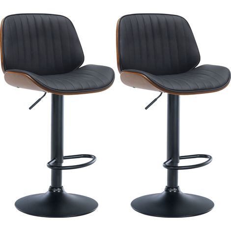 Juego de 2 taburetes de bar de piel sintética negra con costuras, estructura de madera oscura, patas de metal negro TDB10748