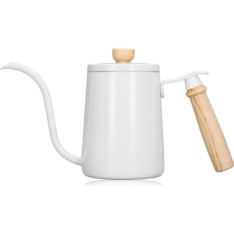 Bouilloire à col de cygne 600ml en acier inoxydable 304, bec verseur courbé, poignée en bois, pour café, eau et boissons, blanc (1/5)