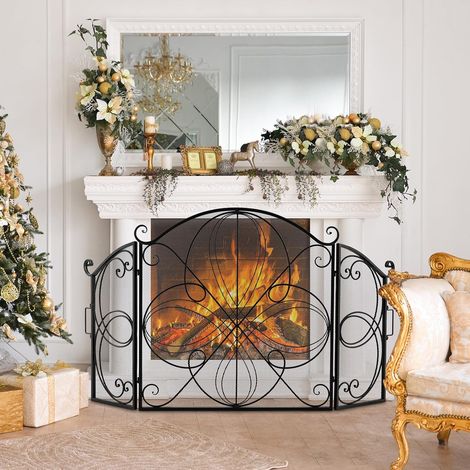 COSTWAY Pare Feu Cheminée Pliable 3 Panneaux, Écran de Cheminée en Fer Forgé, 151 x 83 cm, Pare-étincelles en Maille Design Fleur, Aucun assemblage, Grille de Protection pour Poêle (1/5)