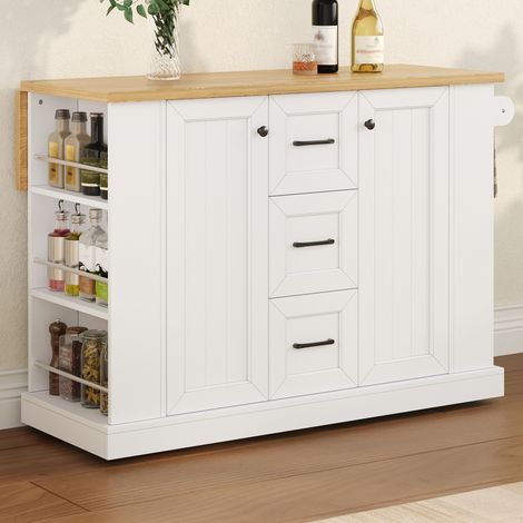 Îlot de cuisine mobile 120x70x90 cm avec plateau rabattable, 3 tiroirs, étagère 3 niveaux, roulettes verrouillables, porte-serviettes, MDF blanc (1/5)
