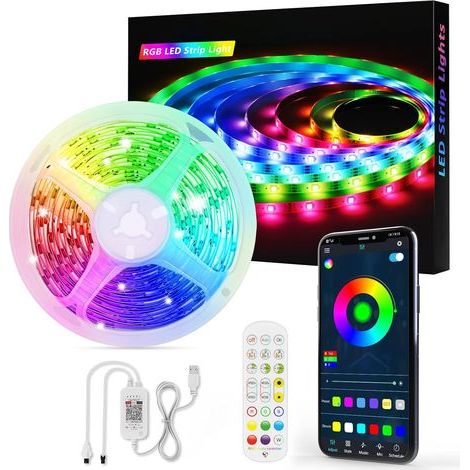 Ruban LED, 5M 150LED Bluetooth Bande LED 5050 RGB 5V USB, Bande Lumineuse Contrôlé via APP et Télécommande,16 Millions de Couleurs et 213 Modes Parfaits pour Décoration, Mariage, Chambre, Fête, Noël (1/5)