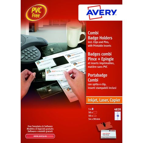 Avery Kit Portabadge Combi 4820 Con Spilla E Clip, 50 Portabadge + 50 Inserti Stampabili, 54x90 mm, Trasparente (1/5)