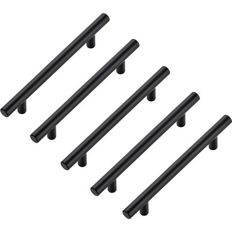 Lot de 5 poignées d'armoire acier inoxydable, entraxe de 128 mm, quincaillerie de cuisine, noires (1/5)
