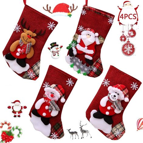 Chaussette De Noël - 23 X 16 Cm - Motifs Père Noël Bonhomme De Neige Renne Arbre De Noël - Lot De 4 (1/5)