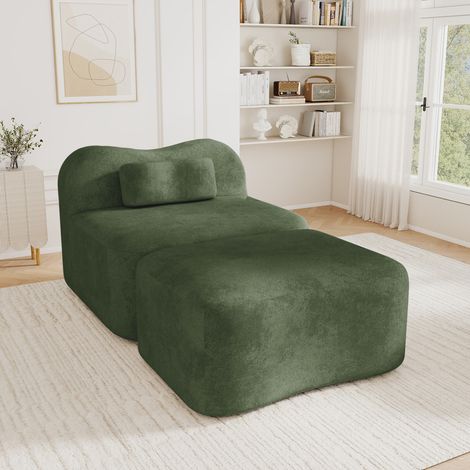 Canapé d'appoint modulable 1 place avec pouf, style ondulé, rembourrage mousse dense 32D, dossier amovible, revêtement textile doux, parfait pour studio, séjour ou chambre, couleur verte (1/5)