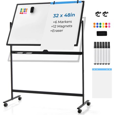 GOPLUS Tableau Blanc Magnétique 120x80CM Rotatif à 360° Hauteur Réglable sur 2 Positions,4 Roues Universelles,Tableau Effaçable,Noir (1/5)