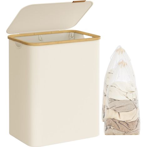 Songmics – Panier à linge 130L avec couvercle – Tissu Oxford 600D résistant à l'eau – 2 compartiments – Dimensions 52 x 38,5 x 70,5 cm – Poignées en bambou