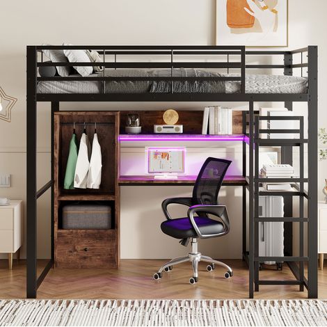 Cama alta 140x200 con escritorio y almacenaje LED OKMYHOME (1/5)