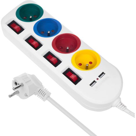 Bloc multiprises rallonge 4 Prises + 2X USB avec interrupteurs (1/5)