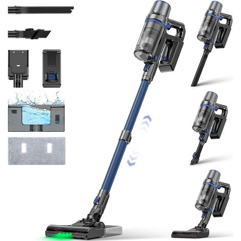 Aspirateur sans fil avec fonction d'essuyage, 550 W/45000 Pa/60 min, avec moteur sans balais, avec fonction autoportant et écran tactile intelligent, pour sols durs, tapis, poils d'animaux