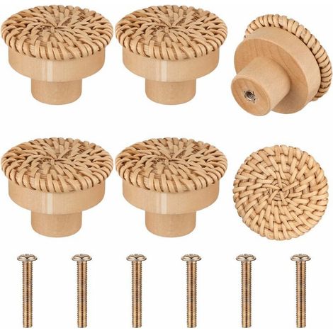 Lot de 6 boutons de meubles en rotin et bois, poignées de tiroir, boutons de porte ronds pour placards, armoires, commodes, meubles de cuisine - Marron (1/5)