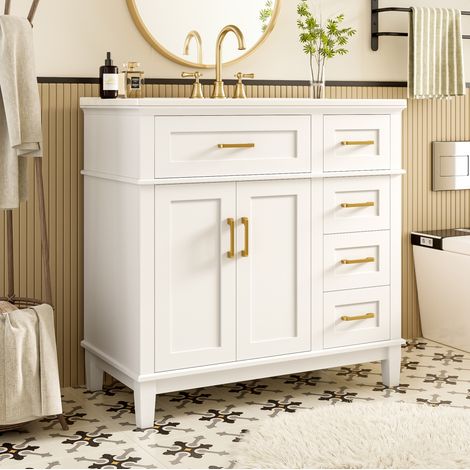 Mobile bagno 90x46x87 cm con lavabo in ceramica, 5 cassetti e 2 ante, bianco e oro (1/5)