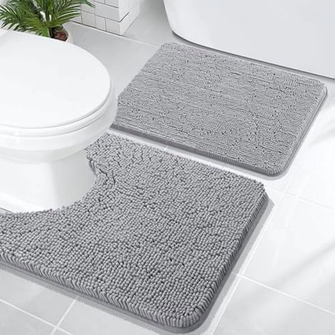 Ensemble de 2 tapis de bain en chenille - Tapis de toilette en forme de U lavable en machine (24" x 16" + 24" x 20", gris) (1/5)