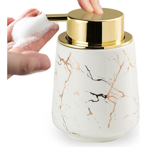 Céramique Mousse Distributeur de Savon, 380ML Motif Marbre avec Grande Tête de Pompe Distributeur de Salle de Bain,Blanc (1/5)