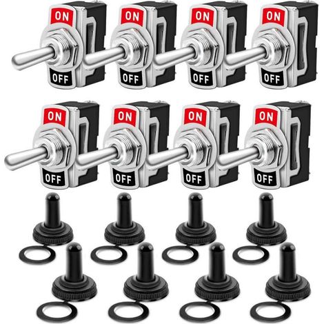 Paquete de 8 interruptores de palanca con tapa impermeable, 10A 12V CC / 6A 24V CC, interruptor SPST de 2 pines para aplicaciones en automóviles, camiones, barcos y aplicaciones marinas (negro). (1/5)