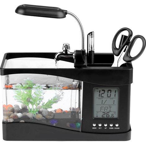 Multifunktionales Mini-Aquarium mit Uhr, USB-Anschluss und LED-Beleuchtung, erhältlich in Schwarz oder Weiß, Maße: 26,5 x 12,5 x 14 cm (1/5)