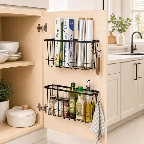 2 Piece Kitchen Cupboard Organiser with 4 Hooks Black  Metal, Adhesive Attachment, Storage for Bathroom, Refrigerator (1/5)