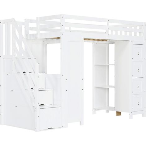 Multifunktionales Kinder-Hochbett mit Schreibtisch, Stauraum und Leiter, weiß 90 x 200 cm (1/5)
