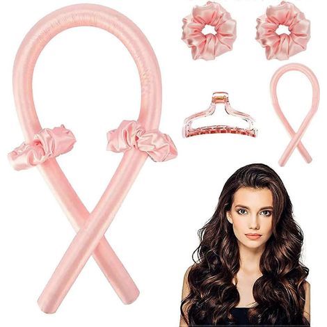Bandeau pour bigoudis sans chaleur, fer à friser soyeux sans chaleur avec pince à cheveux, outil de coiffage sans chaleur pour cheveux longs et mi-longs (rose) (1/5)