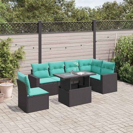 7-teiliges Gartensofa-Set mit Kissen, schwarzes Polyrattan (1/5)