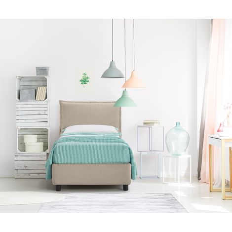 EVERGREENWEB Letto con Contenitore Singolo, Rete Doghe in Legno, Materasso Sfoderabile e cuscino in memory Elegante Testiera Tessuto Imbottito SFODERABILE color Tortora Ideale per Camera da Letto (1/3)