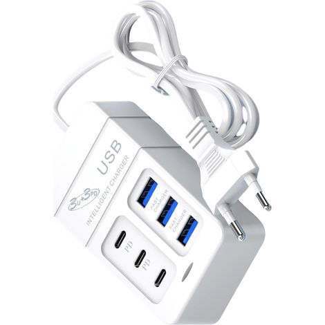 6-in-1 Steckdosenleiste, 2-polige Flach-/Rundstecker-Ladebuchse mit Löchern, 3 USB-Anschlüsse und 3 Typ-C-Schnittstellen.