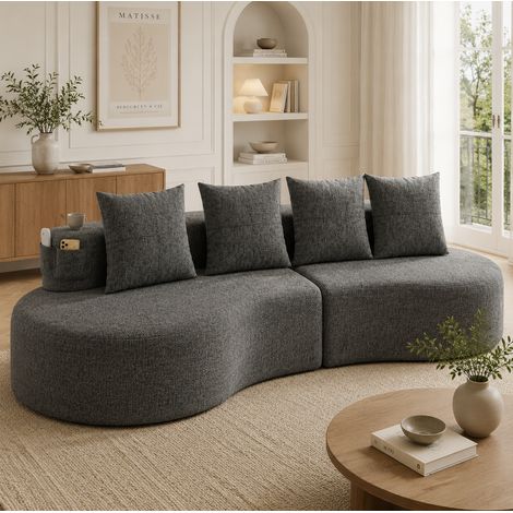 Divano in lino 4 cuscini, portabicchieri e tasca laterale, 240x109x63 cm, grigio scuro HAVRYA (1/5)