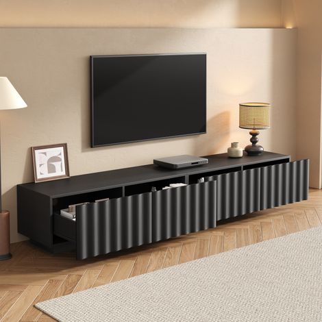 Meuble TV 200x40x35 cm, Meuble TV bas moderne de salon, Grand meuble de rangement avec portes effet vague 3D et système Push-to-Open, Noir (1/5)